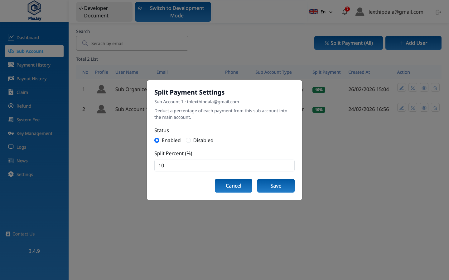 Split Payment Settings for one sub account