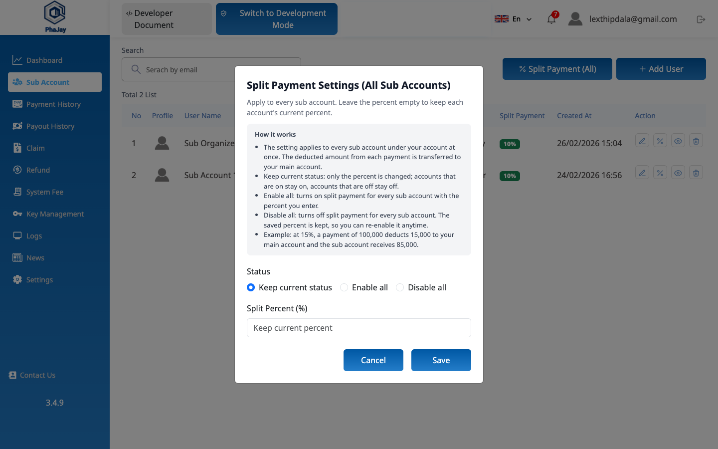 Split Payment Settings for all sub accounts
